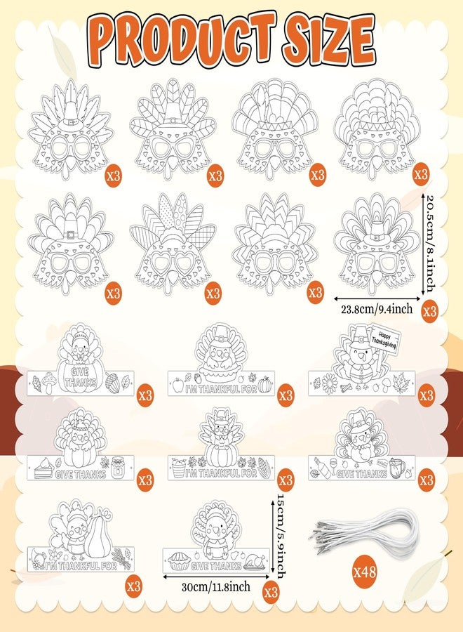 BkeeCten Thanksgiving Coloring Turkey Set - 96 Packs Turkey Coloring Headbands & Masks, DIY Craft Art Classroom Activity, School Party Supplies, Family Gathering Holiday Celebration Decor - Image 2